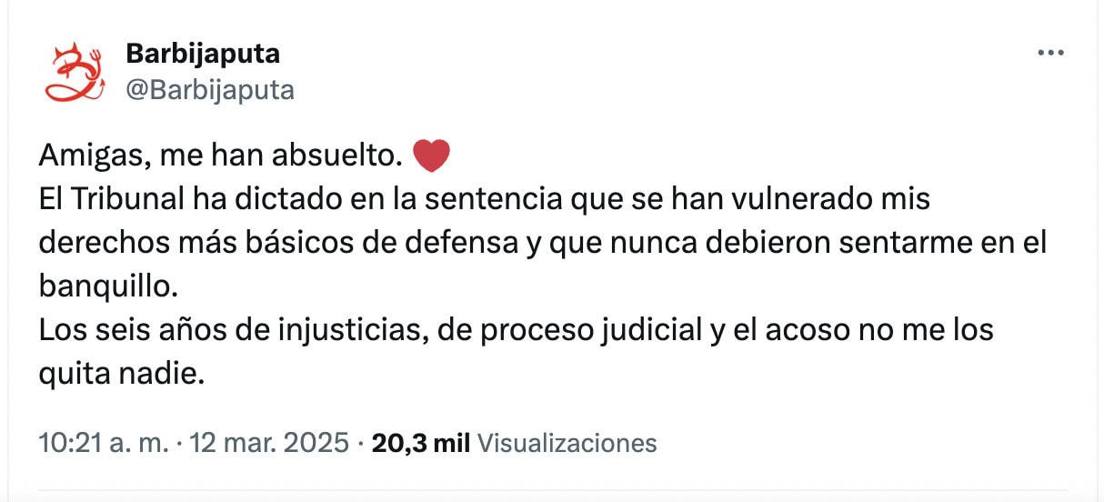 Barbijaputa, absuelta: “Nunca debieron sentarme en el banquillo”